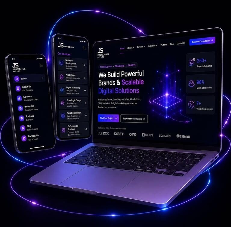 Premium digital marketing and web development workspace featuring a laptop and smartphones displaying a modern business website with purple neon lighting.